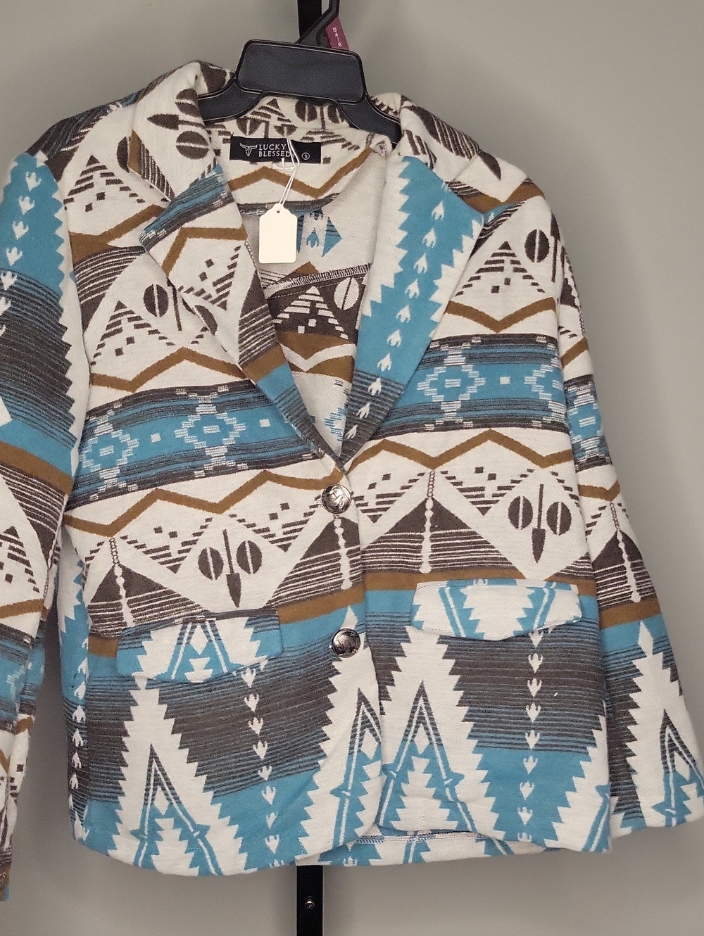 Lucky & Blessed Aztec-Print Blazer in Turquoise, Brown & Cream